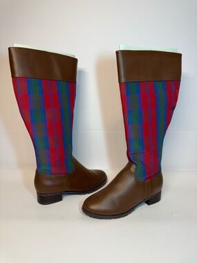 Jeffrey Banks Brown Leather Plaid Knee High Riding Boots Size 6.5M